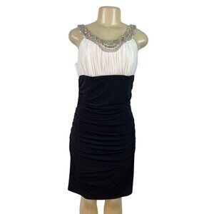 Js Boutique Ruched Black & White Sleeveless Dress With Beaded Neckline  Szize 10